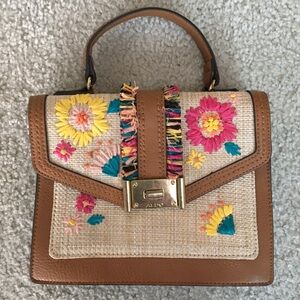 Aldo/Floral Embroidered Straw Mini Bag with Brown Accents